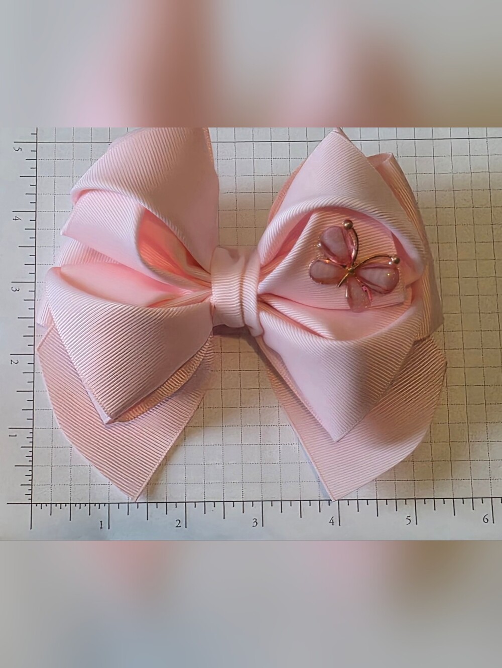 Light Pink Grosgrain Bow Hair Clip with Butterfly Gem Accent